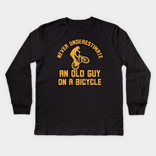 Never Underestimate An Old Guy On A Bicycle Cycling Kids Long Sleeve T-Shirt